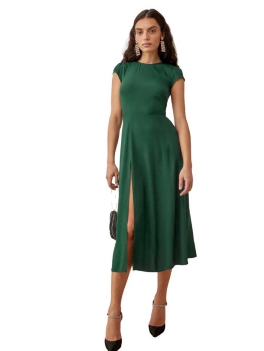Reformation Gavin Emerald Green Cap-Sleeve Midi Dress with Front Slit